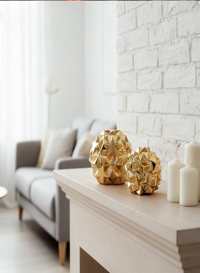 oliruim Gold Decor Geometric Sphere Figurines Set of 2 - Ceramic Gold Abstract Home Accents Orbs for Living Room Coffee Table, Shelf, Mantel, Office Tabletop Contemporary Sculpture - Image 4